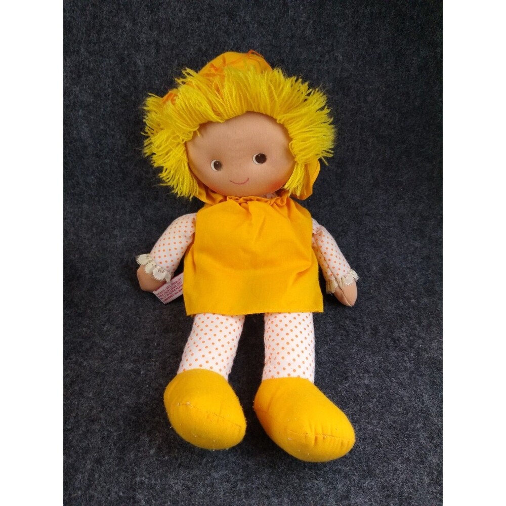 Vintage Soft Ragdoll Doll Yellow Dress and Bonnet Yarn Hair Showtime Kamar Intl